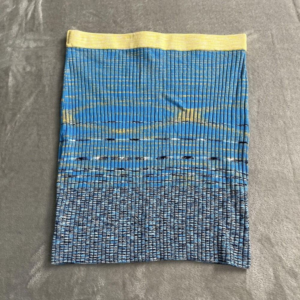 STAUD Skirt Womens L Blue Yellow Striped Pleated Knit Elastic Waist Knee Length